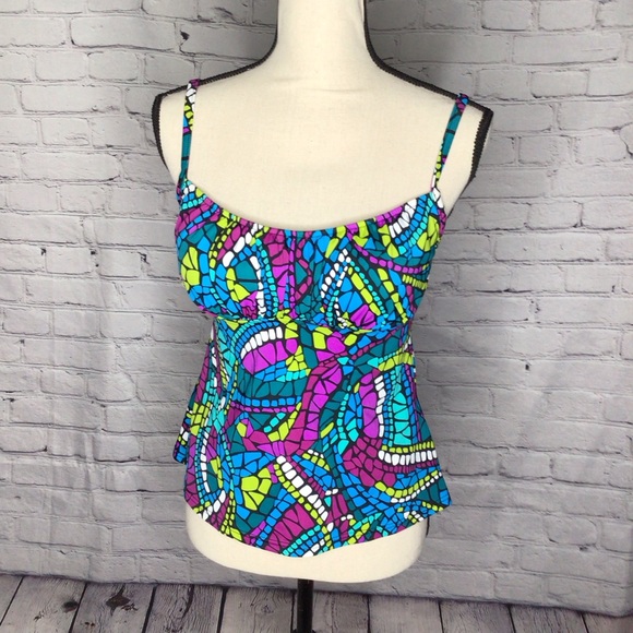 Caribbean Joe Purple Blue Multicolor Mosaic Print Spaghetti Strap Tankini Top 12 - Picture 1 of 16